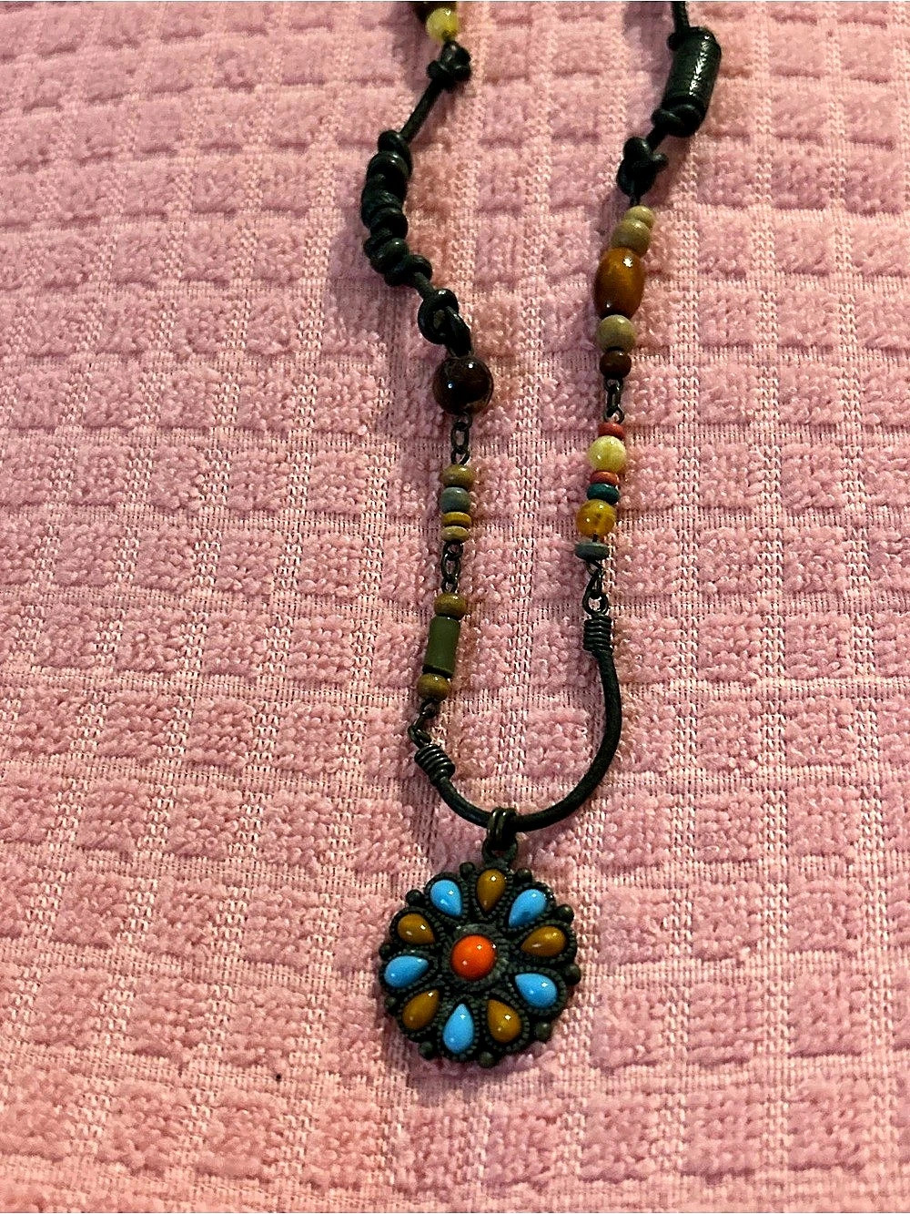 Beaded Floral Pendant Necklace in Black & Blue